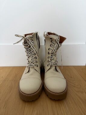 New Zadig & Voltaire Beige Canvas Lace-Up Combat Boots with Branded Laces